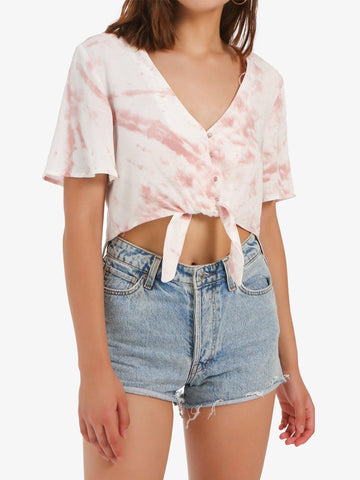 Tie-dye Tie Front Button Down Cropped Top - Shopmossrose